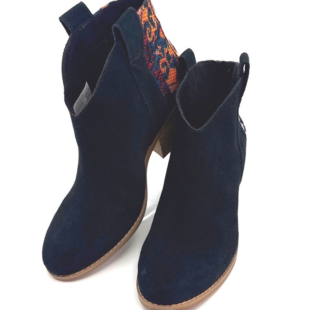 TOMS Black Suede Southwestern Tapestry Block Heel Ankle Boots 7.5 10020266